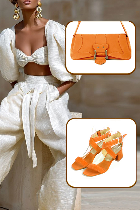 Women's apricot orange elegant fully open cross straps sandals. Square toe. Low flare heels - Worn view